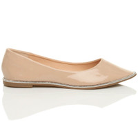 Right side view of Beige Patent Flat Diamante Pointed Toe Ballerina Dolly Shoes