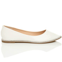Right side view of White Patent Flat Diamante Pointed Toe Ballerina Dolly Shoes