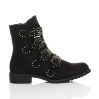 Right side view of Black Suede Flat Low Heel Studded Buckle Biker Boots