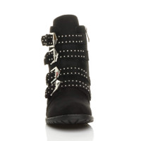 Front view of Black Suede Flat Low Heel Studded Buckle Biker Boots