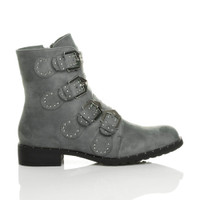 Right side view of Grey Suede Flat Low Heel Studded Buckle Biker Boots