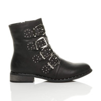 Right side view of Black PU Flat Low Heel Studded Buckle Biker Boots
