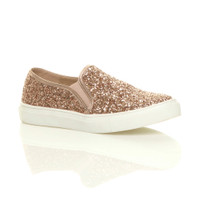 Front right side view of Rose Gold Glitter Flat Slip On Glitter Plimsolls Trainers