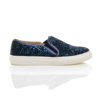 Right side view of Dark Blue Glitter Flat Slip On Glitter Plimsolls Trainers