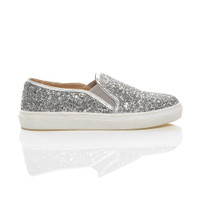 Right side view of Silver Glitter Flat Slip On Glitter Plimsolls Trainers