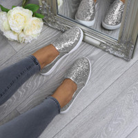 Model wearing Silver Glitter Flat Slip On Glitter Plimsolls Trainers