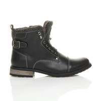 Right side view of Black PU Low Heel Fur Trim Biker Military Ankle Boots