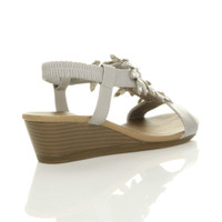 Back right side view of Grey PU Mid Heel Wedge Flower Diamante Slingback Sandals