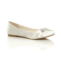 Front right side view of Ivory Satin Flat Diamante Ruched Ballerina Dolly Shoes