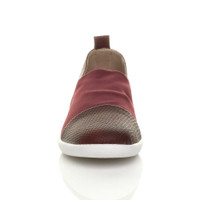 Front view of Burgundy PU Flat Cushioned Padded Comfort Elastic Snake Slip On Shoes Trainers