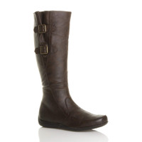 Front right side view of Brown PU Low Heel Concealed Wedge Calf Boots