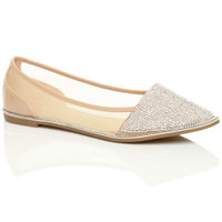 Front right side view of Beige Patent Flat Diamante Mesh Pointed Toe Ballerina Dolly Shoes
