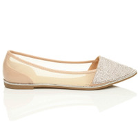 Right side view of Beige Patent Flat Diamante Mesh Pointed Toe Ballerina Dolly Shoes