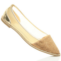 Bottom view of the sole of Gold Patent Flat Diamante Mesh Pointed Toe Ballerina Dolly Shoes