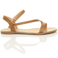 Right side view of Camel PU Flat Strappy Diamante Trim Sandals