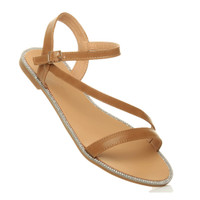 Closeup view of features of Camel PU Flat Strappy Diamante Trim Sandals
