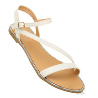 Closeup view of features of White PU Flat Strappy Diamante Trim Sandals