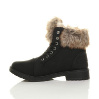 Left side view of Black PU Flat Low Heel Faux Fur Lined Biker Ankle Boots