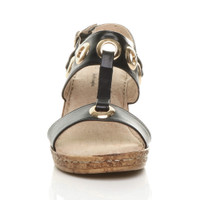 Front view of Black PU Mid Wedge Heel T-Bar Slingback Comfort Sandals