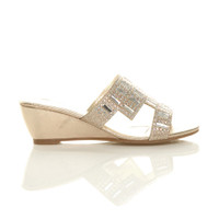 Right side view of Gold Mid Heel Wedge Diamante Mules Sandals