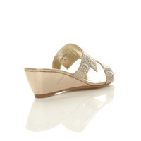 Back right side view of Gold Mid Heel Wedge Diamante Mules Sandals