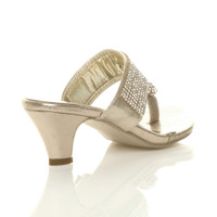 Back right side view of Gold Mid Heel Toe Ring Diamante Mules Sandals