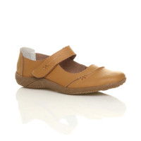 Front right side view of Tan Flat Comfort Mary Jane Shoes