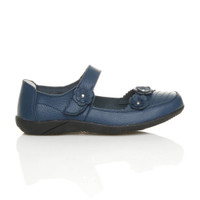 Right side view of Navy Flat Comfort Flower Mary Jane Shoes