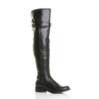 Front right side view of Black PU Low Heel Biker Over The Knee Boots