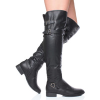 Model wearing Black PU Low Heel Biker Over The Knee Boots