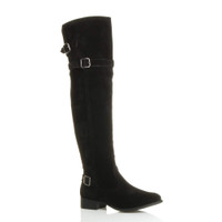 Front right side view of Black Suede Low Heel Biker Over The Knee Boots