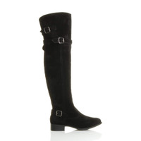 Right side view of Black Suede Low Heel Biker Over The Knee Boots