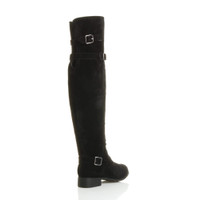 Back right side view of Black Suede Low Heel Biker Over The Knee Boots
