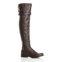 Front right side view of Brown PU Low Heel Biker Over The Knee Boots