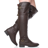 Model wearing Brown PU Low Heel Biker Over The Knee Boots