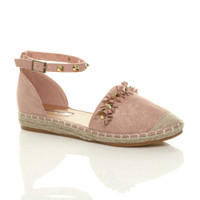 Front right side view of Pink PU Flat Flower Studded Beach Sandals Espadrilles