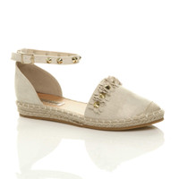 Front right side view of Nude PU Flat Flower Studded Beach Sandals Espadrilles
