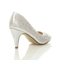 Back right side view of Silver High Heel d'Orsay Peep Toe Diamante Court Shoes