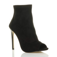 Front right side view of Black Suede High Heel Peep Toe Ankle Boots