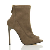 Right side view of Taupe Suede High Heel Peep Toe Ankle Boots