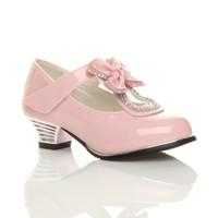 Front right side view of Pink Patent Bow Butterfly T-Bar Court Shoes