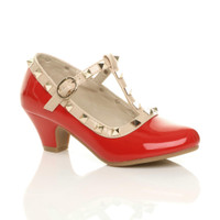 Front right side view of Red Patent Heeled Studded T-Bar Court Shoes
