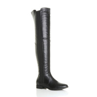 Front right side view of Black PU Flat Stretch Chelsea Over The Knee Boots