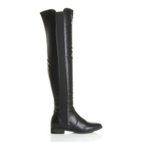 Right side view of Black PU Flat Stretch Chelsea Over The Knee Boots