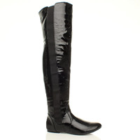 Front right side view of Black Patent Flat Stretch Chelsea Over The Knee Boots