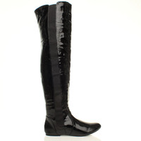 Right side view of Black Patent Flat Stretch Chelsea Over The Knee Boots