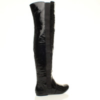 Back right side view of Black Patent Flat Stretch Chelsea Over The Knee Boots