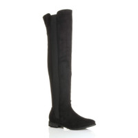 Front right side view of Black Suede Flat Stretch Chelsea Over The Knee Boots