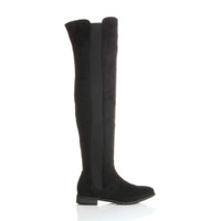 Right side view of Black Suede Flat Stretch Chelsea Over The Knee Boots