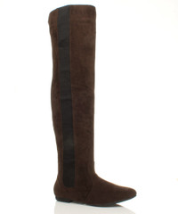 Front right side view of Brown Suede Flat Stretch Chelsea Over The Knee Boots